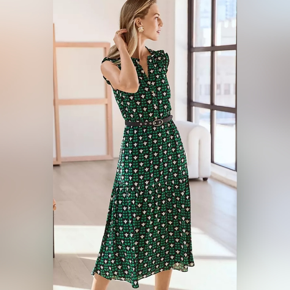 Ann Taylor Floral Tile Ruffle Belted Flare Dress
